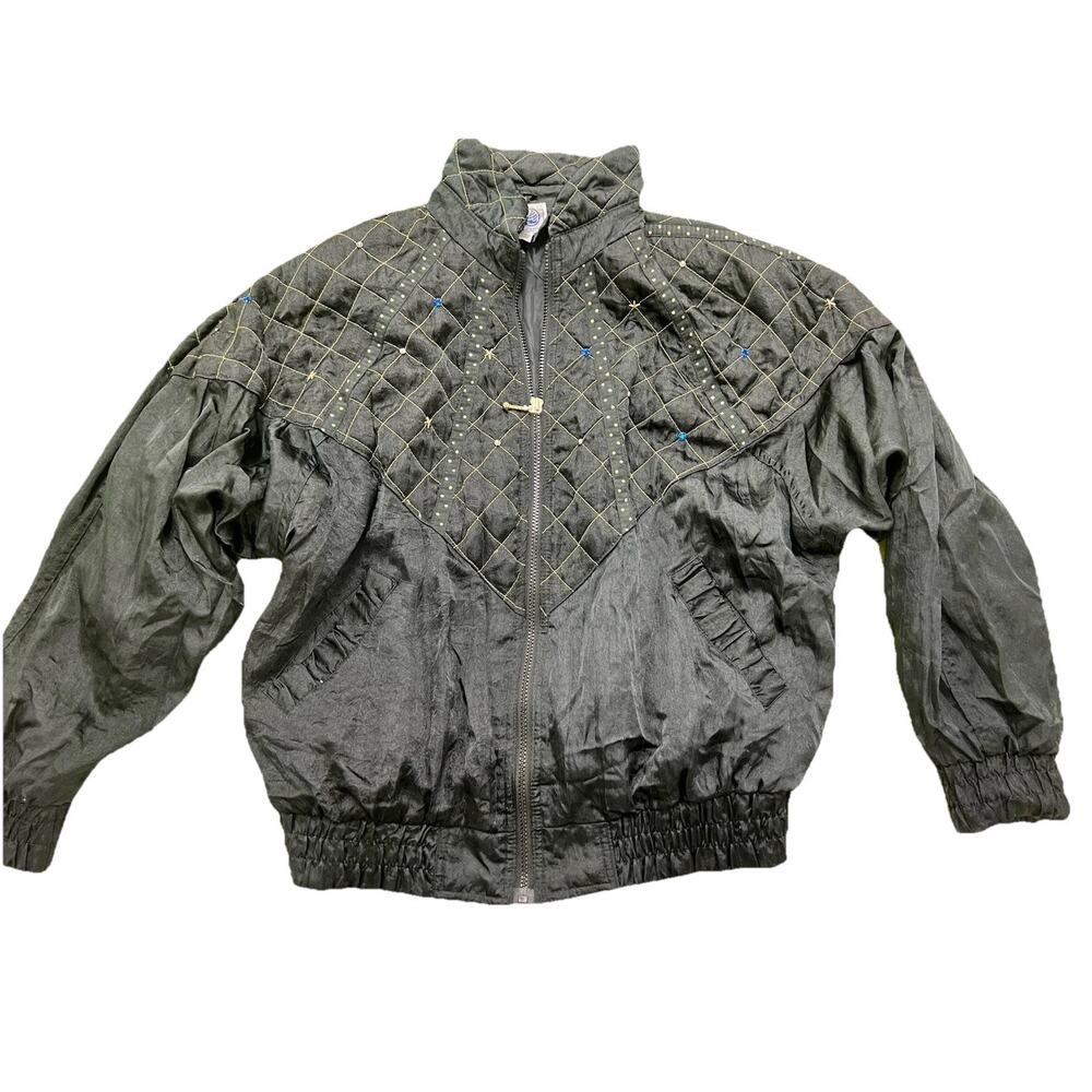 Clipper Bay Vintage Quilted Bomber Jacket Studded Nylon Black Size M Korea
